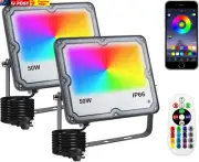 RGB LED Flood Light, 2 Pack 50W Smart RGB Color Changing Floodlight Outdoor, IP6