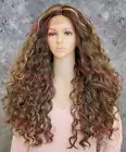 Light Brown/Blond Long Wavy Curls Heat OK Lace Front Human Hair Blend Wig EVEF