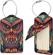 [FJWSLCH] Color owl Pattern Luggage Tag for Suitcases, 2 PCS Suitcase Tags, Identifiers Travel Bag Tags for Luggage Travel Tags, Baggage Tags, Leather Name ID Labels and Metal Loop for Women Men