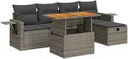 vidaxl 6 Piece Garden Sofa Set with Cushions - Grey Poly Rattan and Acacia for Terrace, Patio, Garden with Modular Design and Storage Space