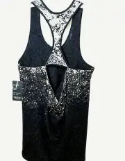 R8 Activewear Women Racer Back Knit Top Sport Shirt M Open Back Black Silver NWT