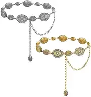 [YCZCHE14] Waist Chain Metal Pack of 2 Women's Chain Belt Belly Chain Waist Chain Women's Body Chain Retro Chain Coin Belt for Dress Jeans Adjustable Alloy Chain Fashion Body Link Chain Belt, 66-125cm, Metal, 1