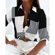 Women's Shirt Basic Color Block Buttons Print Long Sleeve Regular Tops Shirt Collar Casual Black Spring Fall