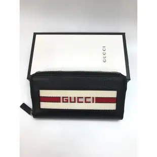 Gucci 復古織帶小牛皮拉鍊大款長夾/錢包 黑色