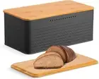 Bread Bin with Bamboo Lid, Black Bread Storage Box with Bamboo Chopping Board, B