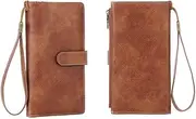 [Generic] Leather Women's Wallets,RFID Blocking Large Capacity Long Ladies Purse,with Detachable Wrist Strap, Multiple Card Slots, Zipper Coin Purse (Brown, One Size)