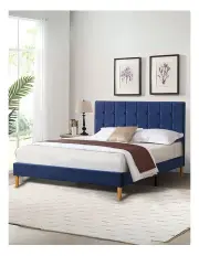 [Levede] Queen Bed Frame with Wooden Velvet Headboard in Blue