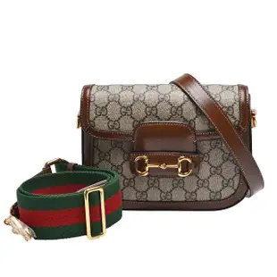 【GUCCI 古馳】經典1955 Horsebit系列GG Supreme帆布雙背帶斜背包(烏木色658574-HUHHG-8565)