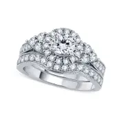 1.5 CT. T.W. Natural Diamond Frame Tri-Sides Antique Vintage-Style Bridal Engagement Ring Set in Solid 14K White Gold