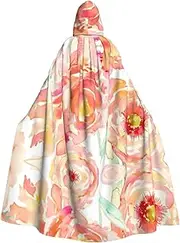 Peach Peony Print Elegant Hooded Cloak For Women Men For Cosplay Carnival Parties Masquerade Events, Black