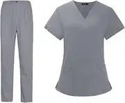 simhoa Scrubs Set for Women, Soft with Pocket Short Sleeved V Neck Solid Color Breathable Classic Scrub Top and Pants Set, Nurse Uniform Workwear