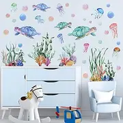 Kalolary Under The Sea Wall Decals Sea Turtle Seaweed Wall Stickers 3D Under The Sea Coral Reef Ocean Grass Bubbles Wall Decals Wall Decoration for Wall Corner Nursery Room Children Bedroom Bathroom Living Room