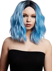 Wavy Blue Womens Costume Wig with Dark Roots