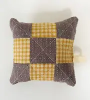 Pin cushion yellow brown needle pillow hanging loop quilt patchwork square 4"