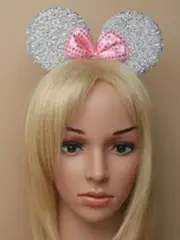 Sparkly Mouse Ears with Bow on Headband Aliceband.Hair Accessory-Silver by Inca