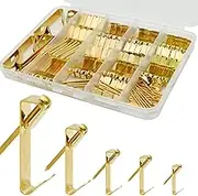136pcs Picture Hangers, 5 Sizes Picture Hanging Kits, Picture Hanging Hooks, Sorted Picture Hooks with Nails (Gold)