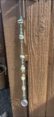 LARGE CUSTOM MADE CRYSTAL and SEAGLASS SUN CATCHER MOBILE Metal Fish & Starfish
