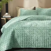 Powdion Velvet Quilt King Size, Oversized Bedspread Quilted Bedding Set, Luxurious Soft Coverlet Set Lightweight Velvet Comforter for All Season with 2 Pillow Shams, Aqua Green,Striped Quilt Set