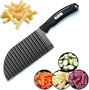 Crinkle Potato Cutter - 2.9" x 11.8" Stainless Steel French Fries Slicer Handheld Chipper Chopper Potato Carrot Chopping Knife Home Kitchen Wavy Blade Cutting Tool Large Size