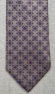 Vintage David Lawrence Silk Foulard Tie Taupe Red Blue Geometric 3.25"x58"w/ Tag