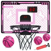 Indoor Basketball Hoop with Electronic Scoreboard and LED Light, Pink Over Th...