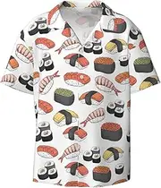 [HVTTIOR] Sushi Print Short Sleeve Shirt Cuban Collar Beach Casual Style Summer Vacation Relaxed Fit