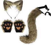 Furry Fox Tail Ear Gloves Headband Set, Faux Fur Costume Accessory With Built-in Framework, Plush Cat Ears for Therian Cosplay, Wolf