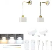 Indoor Simple Bedroom Wall Light Dimmable Wall Sconce Modern Wireless E27 with Remote Control Wall Lamp USB Rechargeable Battery Operated Fixture Wall Lighting Hanging Line for Bedside (White,2 Packs)
