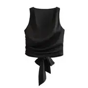 Round Neck Plain Tie Back Tank Top Black - L