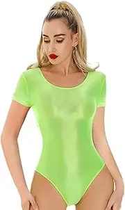 [Yeahdor] Women's Glossy Oily Bodysuit Short Sleeve Solid Color Unitard High Cut One Piece Jumpsuit for Yoga Swimming