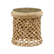 Dahlia Side Table Bedside Round Glass Top 44cm woven