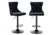 AADEN 2x Velvet Height Adjustable Swivel Bar Stools -Black