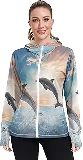 [RPLIFE] Dolphins Jumping Cloudy Sky Sun Jacket for Women Uv Protection, Upf 50+ Zip up Long Sleeve Beach Shirt