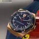 FERRARI法拉利男錶,編號FE00010,42mm玫瑰金, 寶藍八角形精鋼錶殼,寶藍色簡約, 運動錶面,寶藍矽膠錶帶款