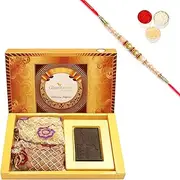 Ghasitaram Gifts Rakhi Gifts for Brothers Rakhi Chocolate Big Box of Happy Rakhi Chocolate, Almonds and Namkeen Pouch with Pearl Rakhi