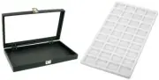 Glass Lid Jewelry Display Case 14 3/4" w/ White 36 Compartment Display Tray