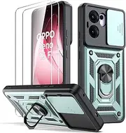 [Oududianzi] Case for Oppo Reno 13 F 4G/5G Mobile Phone Case, [Pack of 2 Screen Protectors] with Sliding Camera Cover, Rotating Finger Ring Stand, Shockproof, Scratch-Resistant Protective Case - Green
