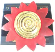 GIVENCHY Red Frosted Lucite Flower Sunburst Vintage Pin On Original Card!