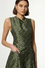Geo Jacquard Twill Tailored Full Skirted Midi Dress