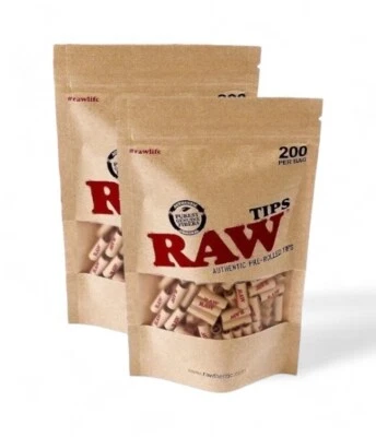 2 X RAW Natural Classic Pre Roll Rolled Filter Roach Tips - 200 Tips Per Bag