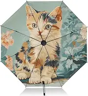 [PDZRMY] UV Protection Travel Umbrella Cat Flower Cute Compact for Rain and Sun - Auto Open and Close UPF 50+ Windproof Portable 46” Sun Umbrella for Women and Men