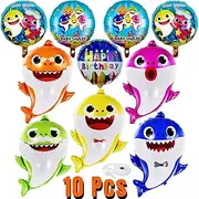 Baby Shark Party Balloons Set - 10 Pcs 26" Helium Balloons, 5 Pcs 17" Round Balloons, 10m Ribbon & Straw - Party Supplies and Decorations
