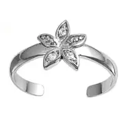 CZ Flower Toe Ring - .925 Sterling Silver with Rhodium Plating - Adjustable