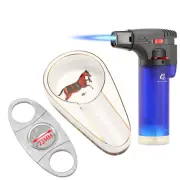 Galiner Single Jet Torch Cigar Lighter and Cutter Ceramic Cigar Ashtray Gift Box