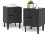 Black Nightstand Set of 2, Fully-Assembled 2-Drawer Bedside Tables with Solid Wo