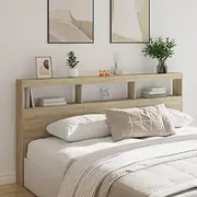 Headboard Cabinet with LED Sonoma Oak 200x17x102 cm, Modern Engineered Wood Bed Headboard with RGB Lights and Storage Compartments