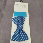 Madison Men's Navy Blue Stripe Bow Tie and Pocket Square Set Regular- 58 in