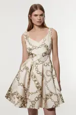 Structured Viscose Satin Chain Print Tailored Prom Mini Dress