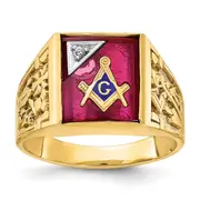 14k Two-tone Gold Men's Polished and Textured with Lab Created Ruby and Diamond Blue Lodge Master Masonic Ring