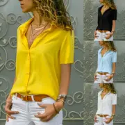 Women Summer Chiffon Short Sleeve T-Shirt Blouse Casual Turndown Collar Top